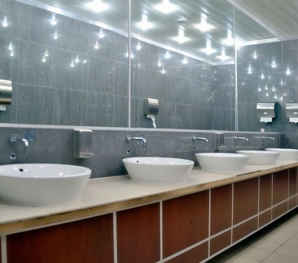 Modern public restroom with multiple sinks and bright lighting.
