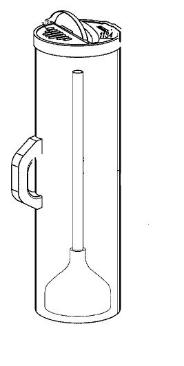 Black and white drawing of a tall, slim lamp with a handle on the side.