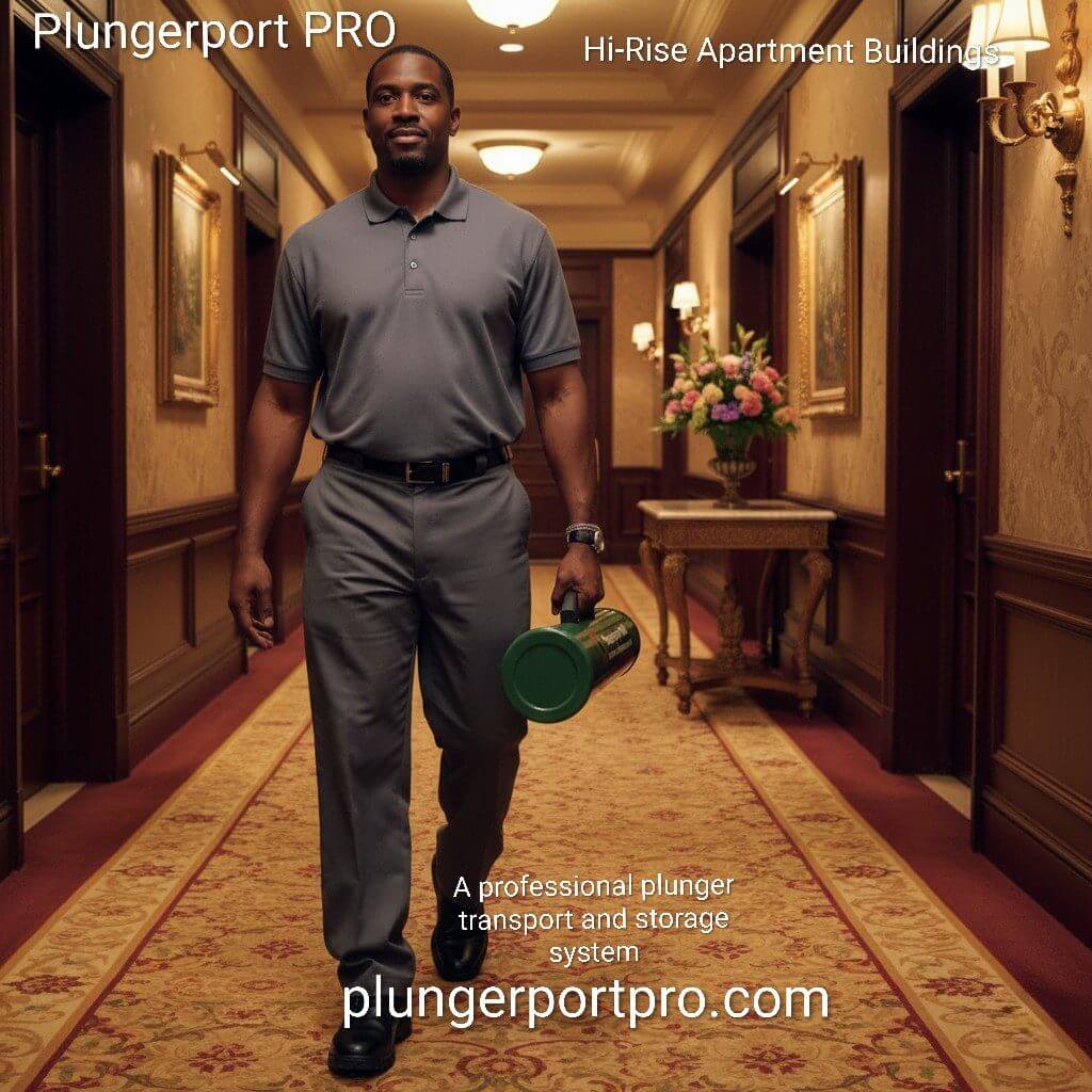 Man holding a green plunger walking down a hotel hallway.