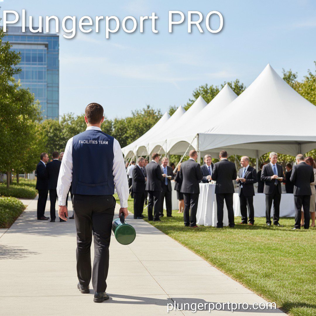 A man walks toward a group of people gathered under white tents outdoors.